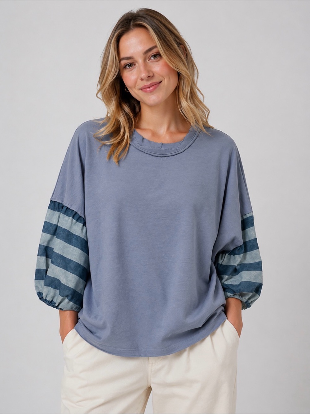 Boutique Blue Mixed Media Balloon Sleeve Top Size XL